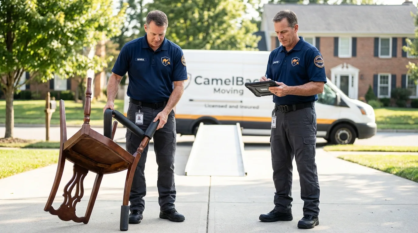Movers inspecting furniture for damage prevention before loading in Milan, NH
