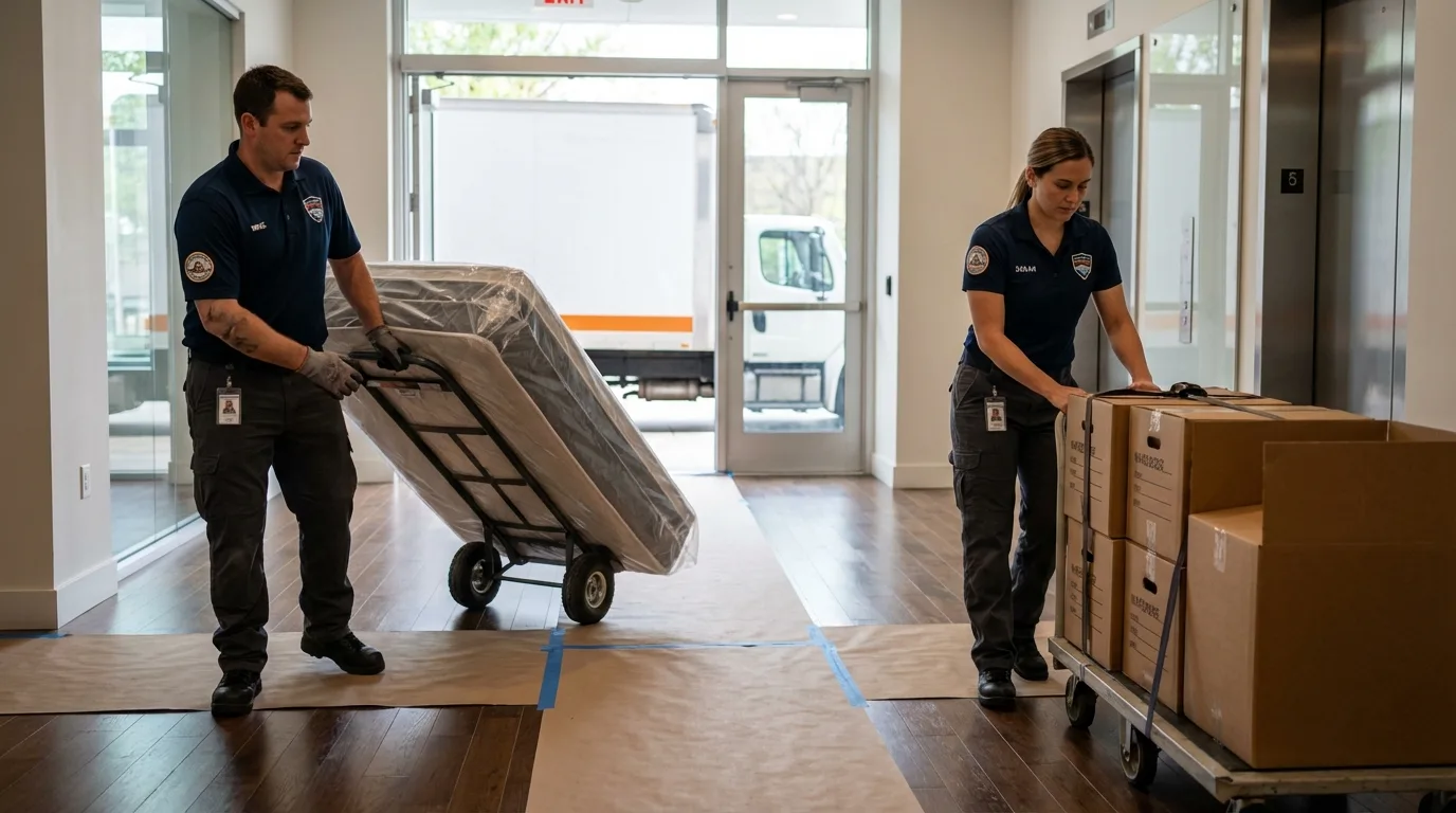 Professional apartment movers loading elevator in Milan, NH