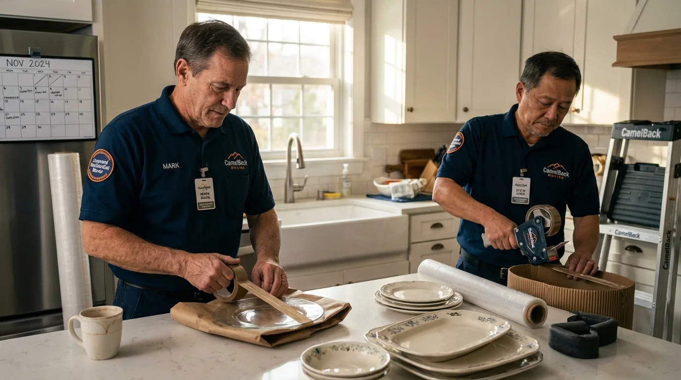 Professional crew packing kitchen dishware in Milan, NH